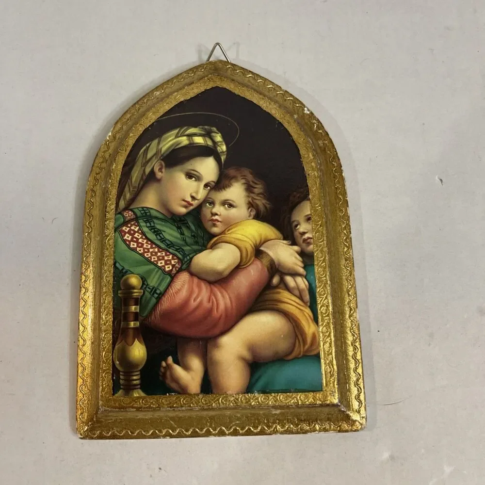 Vtg Madonna Della Seggiola Arched Wooden Wall Plaque Madonna In Chair 6”